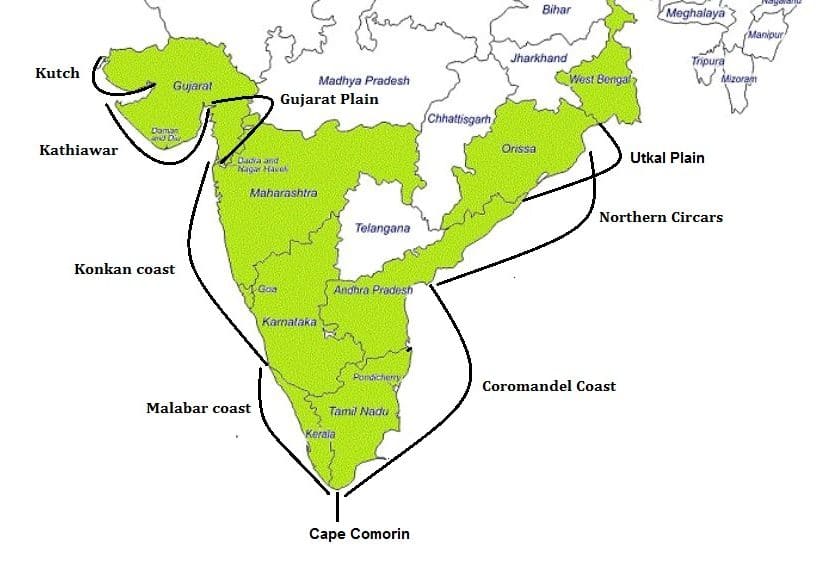 western eastern coastal plains in india konkan malabar coromandel coast map