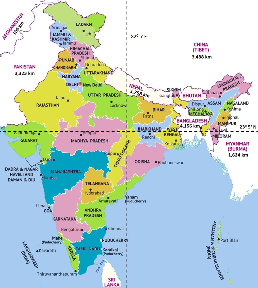 India Neighbour Country Map Land Borders Of India (15107 Km) - Location & Standard Time (Ist)